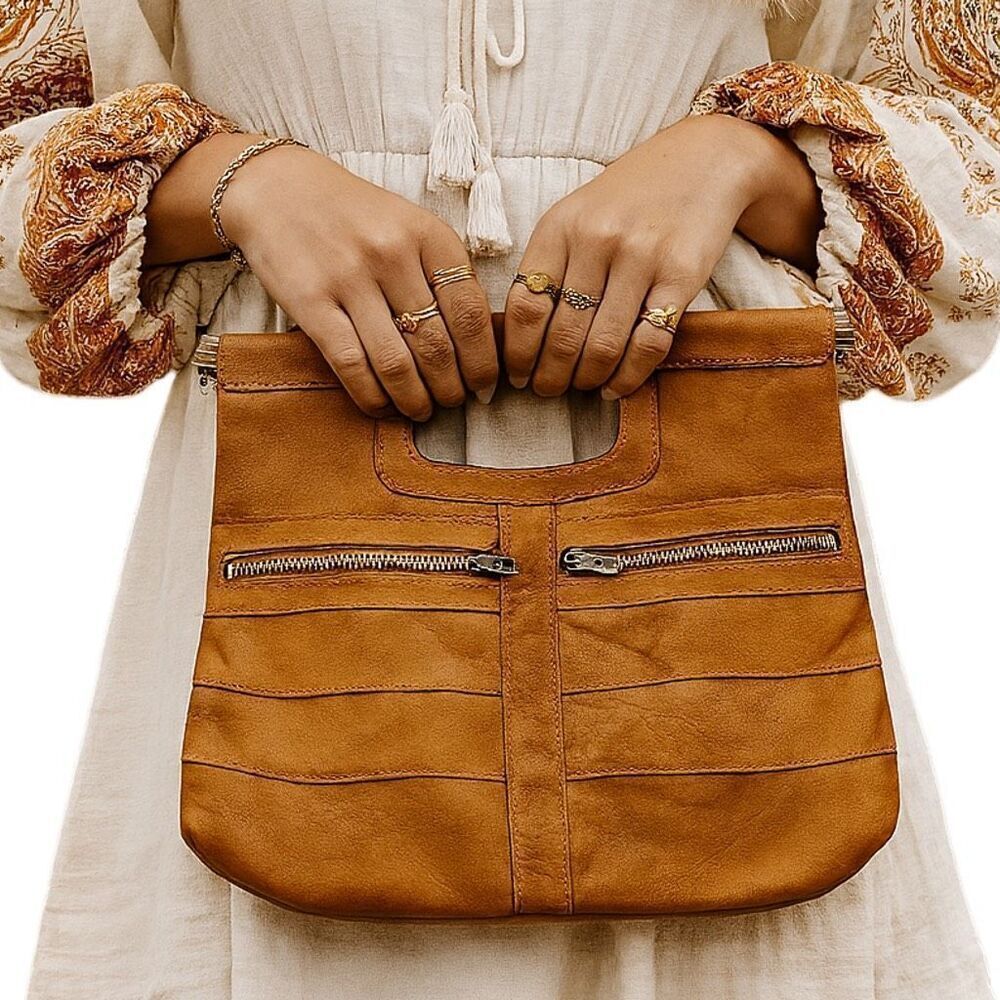 Vintage boho Leather Made in Hong Kong top handle bag.